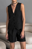 Casual Stripe Pocket Buttons V Neck Sleeveless Two Pieces