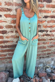 Casual Solid Color Pocket Buttons Backless U Neck Boot Cut Jumpsuits