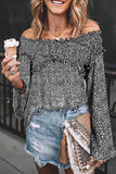 Florcoo Leopard Print Off Shoulder Long Sleeve Shirt