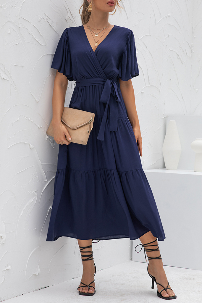 Elegant Solid Patchwork With Belt V Neck Cake Skirt Dresses – Florcoo