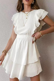 Fashion Elegant Solid Flounce Without Belt O Neck A Line Dresses