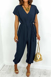 Casual Simplicity Solid Frenulum V Neck Loose Jumpsuits(11 Colors)