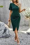 Elegant Solid Asymmetrical Oblique Collar A Line Dresses