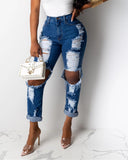 Florcoo Hole Blue Ripped Straight Leg Jeans